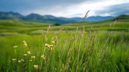 Obraz premium Serene landscape of tall grass and wildflowers against rolling hills : Generative AI