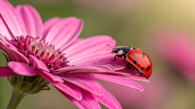 Ladybug on Pink Daisy: A vibrant ladybug delicately perches on the petal of a pink daisy, showcasing the intricate details of nature's beauty.