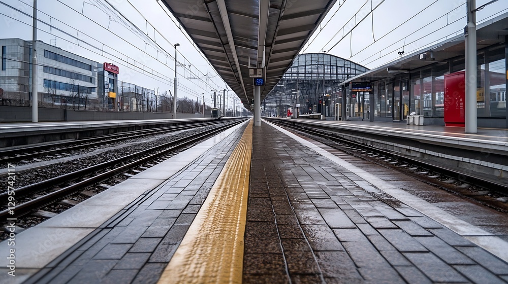 Poster Empty Train Station Platform Under Rainy Overcast Sky Featuring Wet Pavement and Distinctive Architecture : Generative AI
