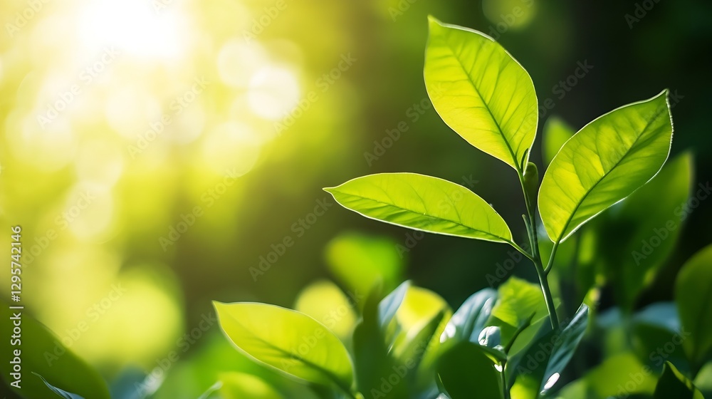 Aufkleber lush green leaves illuminated by soft sunlight creating a peaceful nature scene : generative ai
