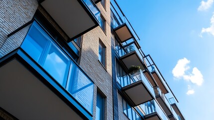 Fototapeta premium Modern apartment building with blue sky and balconies showcasing outdoor living spaces : Generative AI
