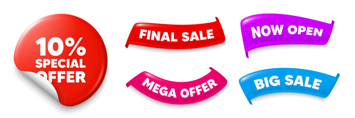 Discount sticker, Sale offer ribbons. Big sale, Now open. 10 percent discount offer tag. Sale price promo sign. Special offer symbol. Sticker badge. Flag ribbon banners. Discount offer banners. Vector