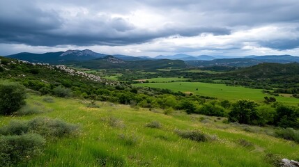 Naklejka premium Lush green hills and valleys under a dramatic stormy sky in a picturesque rural landscape : Generative AI