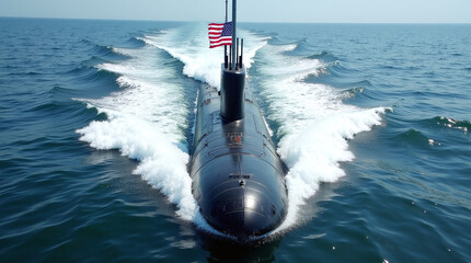 The submarine moves on the surface of the water, forming waves around itself. The U.S. flag is flying on the boat.