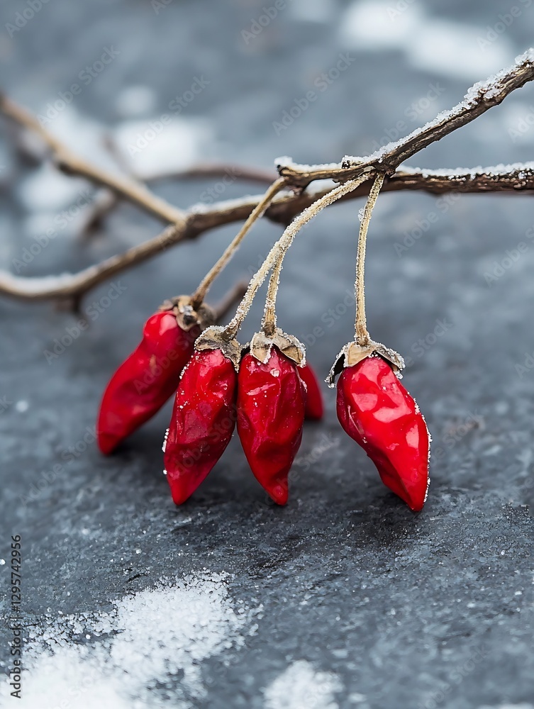 Poster Bright Red Chili Peppers Hanging Decoratively on a Branch with a Frosty Glaze Creating an Inviting Aura : Generative AI