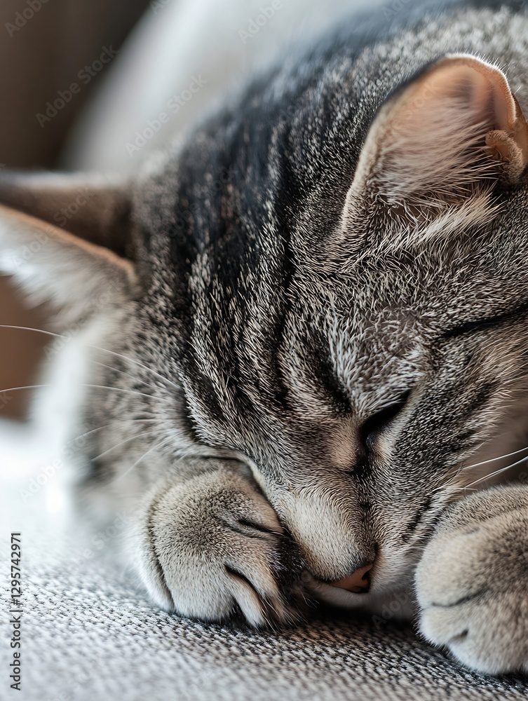 Poster tender moment featuring a sleepy cat resting peacefully on a sofa : generative ai