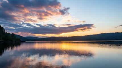 Fototapeta premium Breathtaking Sunset Over Calm Lake Reflecting Beautiful Clouds and Hills : Generative AI