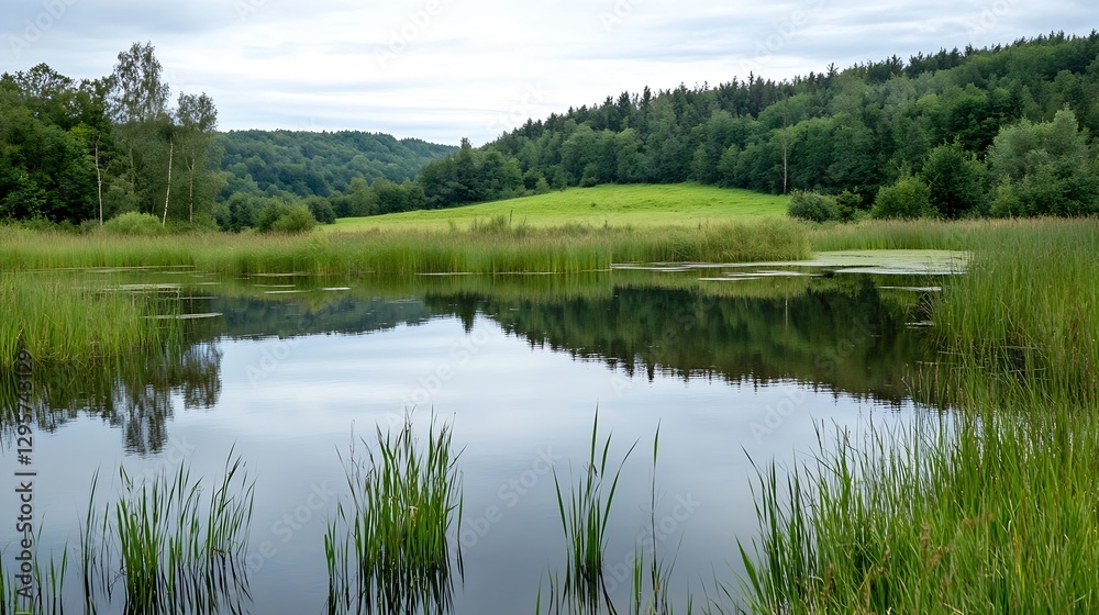 Poster tranquil reflection of lush greenery in a serene lake surrounded by forested hills : generative ai