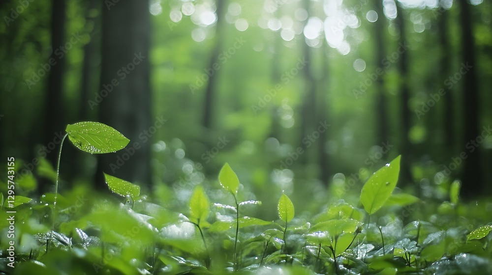 Poster lush green leaves during daytime sunlight in a serene forest environment with a soft focus backgroun