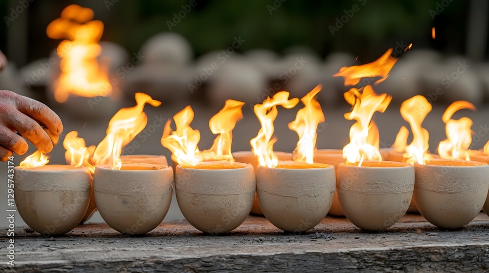 Aufkleber Glowing ceramic bowls arranged in a meditative display creating a serene and tranquil atmosphere  The flickering flames reflect the natural beauty of the handmade pottery