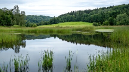 Obraz premium Tranquil Reflection of Lush Greenery in a Serene Lake Surrounded by Forested Hills : Generative AI