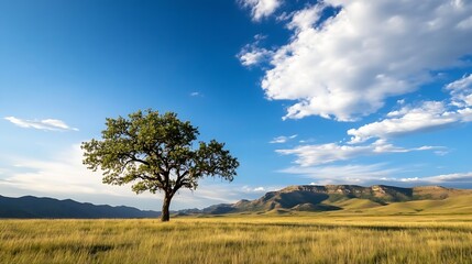 Majestic Isolated Tree Standing in a Golden Meadow Under a Bright Blue Sky with Clouds and Mountains : Generative AI