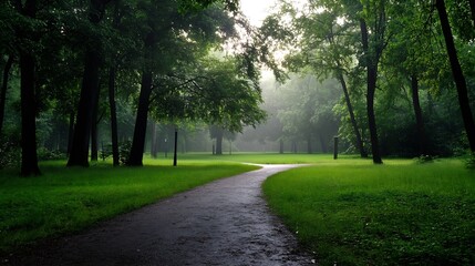 Serene forest path winding through lush greenery in morning mist with soft light filtering through trees : Generative AI