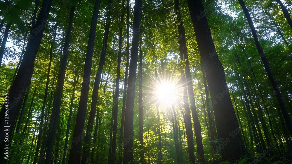 Leinwandbilder sunlight filtering through dense forest creating a tranquil nature scene : generative ai
