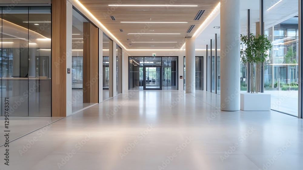 Poster modern interior design featuring a bright and open institutional hallway : generative ai