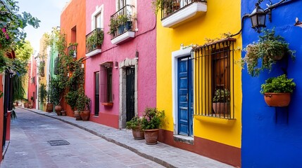 Naklejka premium Colorful Streets of San Miguel de Allende with Bright Facades and Flower Pots : Generative AI
