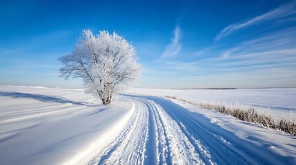 Obraz premium Beautiful Winter Landscape Featuring a SnowCovered Road and Frosty Tree : Generative AI