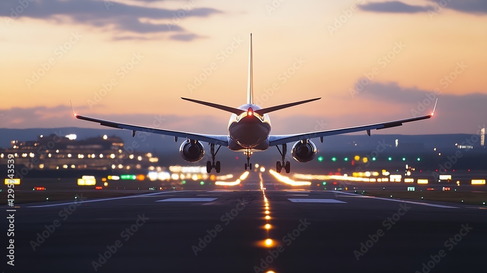 Poster Airplane Taking Off at Twilight with Lights and Runway in the Background : Generative AI