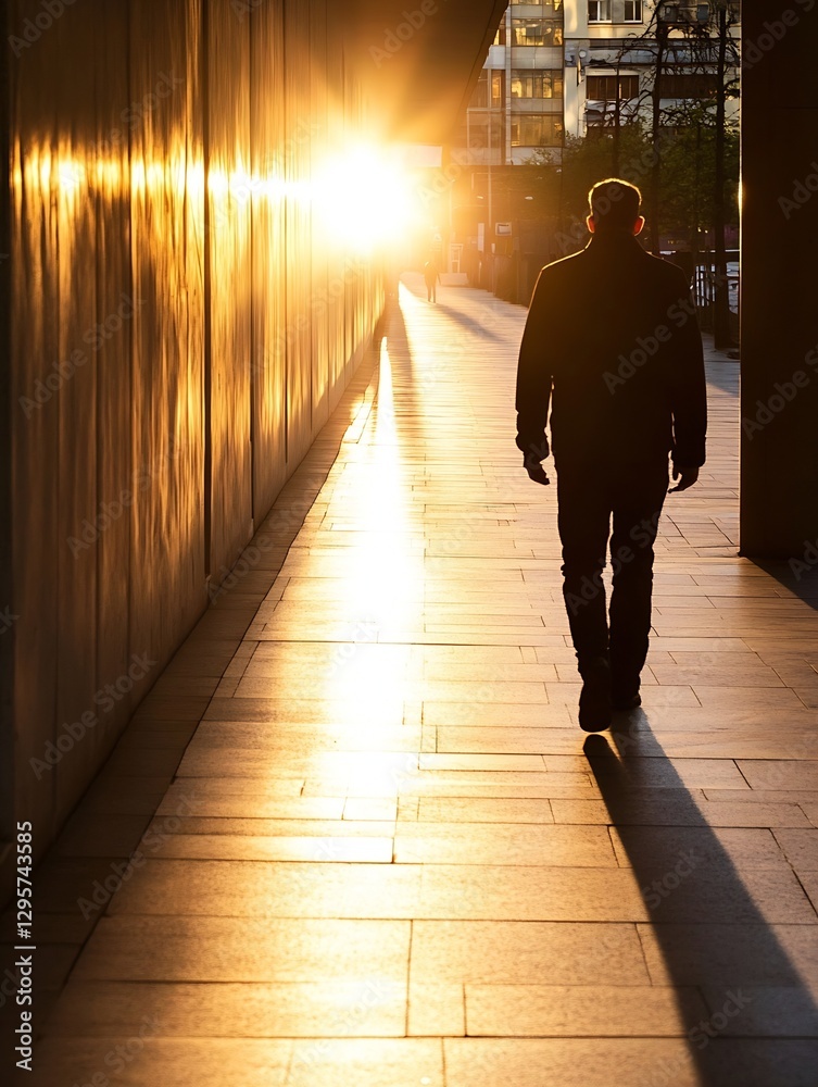 Poster silhouette of a man walking towards a bright sunset glow on a city sidewalk creating a dramatic scen