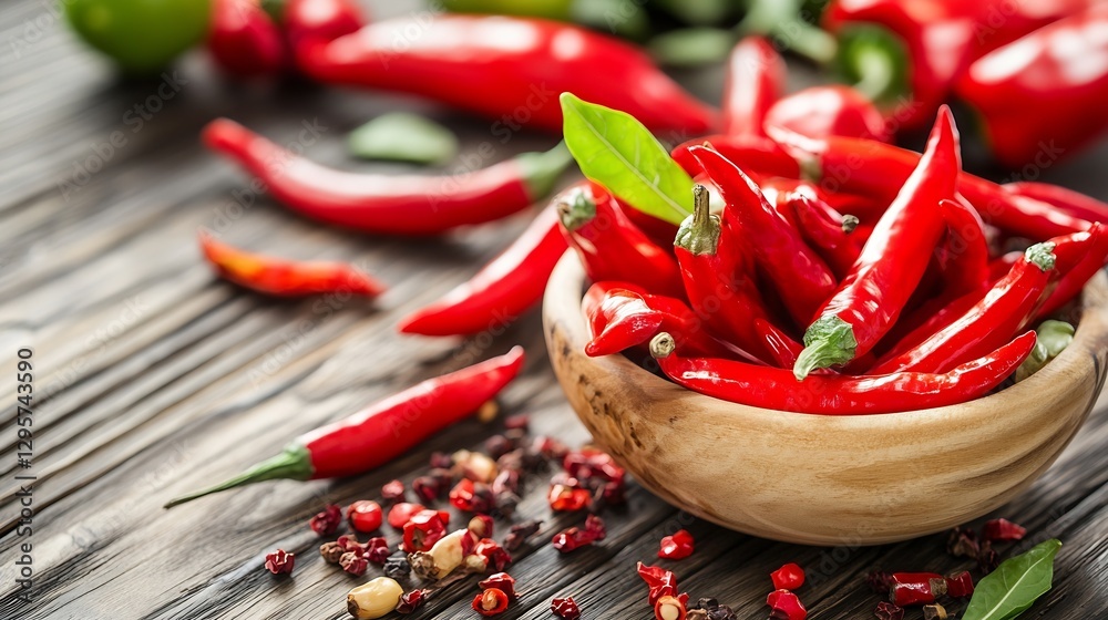 Aufkleber a vibrant display of red chili peppers arranged in a wooden bowl set against a rustic wooden backgro
