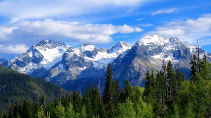 Fototapeta premium Breathtaking mountain range with snow capped peaks under a blue sky showcasing natural beauty : Generative AI