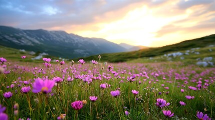 Obraz premium Vibrant Field of Pink Wildflowers Under Soft Sunset Glow Over Mountain Range : Generative AI