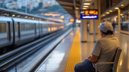 Lonely Traveler Sitting at Train Station Watching Train Arrive in the Evening : Generative AI