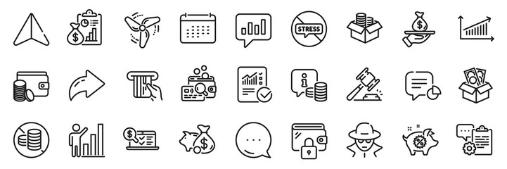 No cash, Auction hammer and Wallet line icons pack. Share, Message, Paper plane icons. Checked calculation, Graph chart, Clipboard web icon. Loan, Info, Stop stress pictogram. Vector