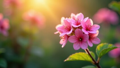 Gentle morning light highlights pink flower clusters, blossoming, botanical