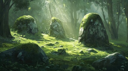 Fototapeta premium Large moss-covered stones scattered across the forest floor, adding to its ancient beauty.