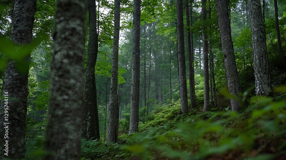 Poster lush green forest landscape with tall trees in a misty atmosphere : generative ai