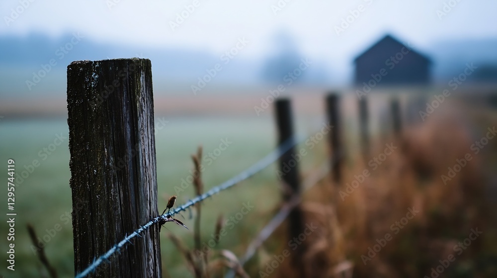 Poster serene misty landscape featuring a rustic fence and farmhouse with a soft natural atmosphere : gener