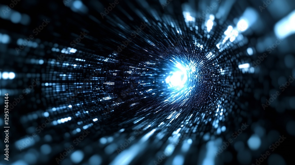 Poster futuristic light tunnel with blue particles and bright energy : generative ai