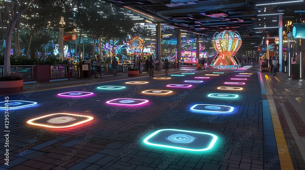 Aufkleber mesmerizing holographic amusement park futuristic virtual reality spectacle with glowing digital rid
