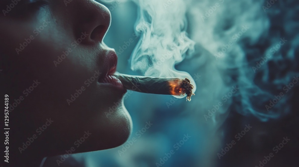 Poster in a calm moment, a person exhales smoke as they hold a lit roll, creating a captivating contrast ag
