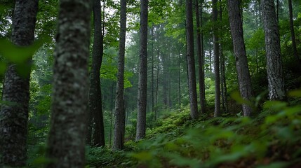 Fototapeta premium Lush Green Forest Landscape with Tall Trees in a Misty Atmosphere : Generative AI