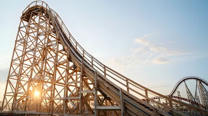 Majestic wooden roller coaster with intricate beams and tracks silhouetted against a breathtaking golden hour sky creating a cinematic and nostalgic atmosphere of adventure and excitement