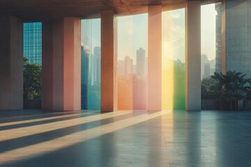 Naklejka premium Colorful light beams create a vibrant atmosphere inside an urban building during the late afternoon