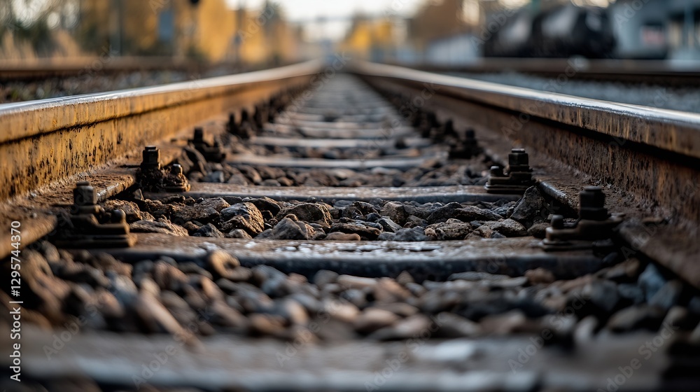 Poster Closeup view of weathered railway tracks stretching into the distance under soft evening light : Generative AI