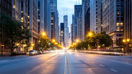 Obraz premium Dazzling city street illuminated at dusk showcasing urban skyline and vibrant lights of tall buildings : Generative AI
