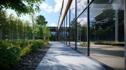 Modern Architecture Featuring Glass Walls and Landscaped Gardens in a Creative Space : Generative AI