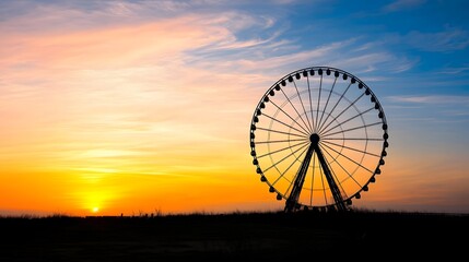 Minimalist view of a Ferris wheel silhouette standing tall against a vibrant colorful sunset sky  The cinematic perspective creates a serene dramatic atmosphere