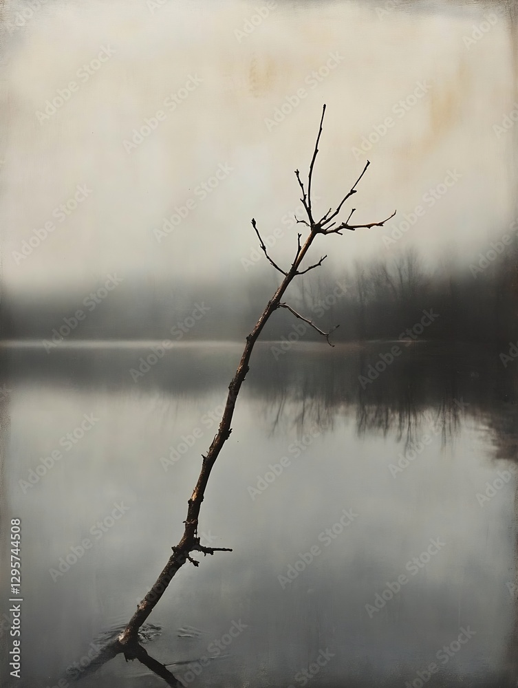 Poster lonely stick emerging from the fog over a still body of water : generative ai