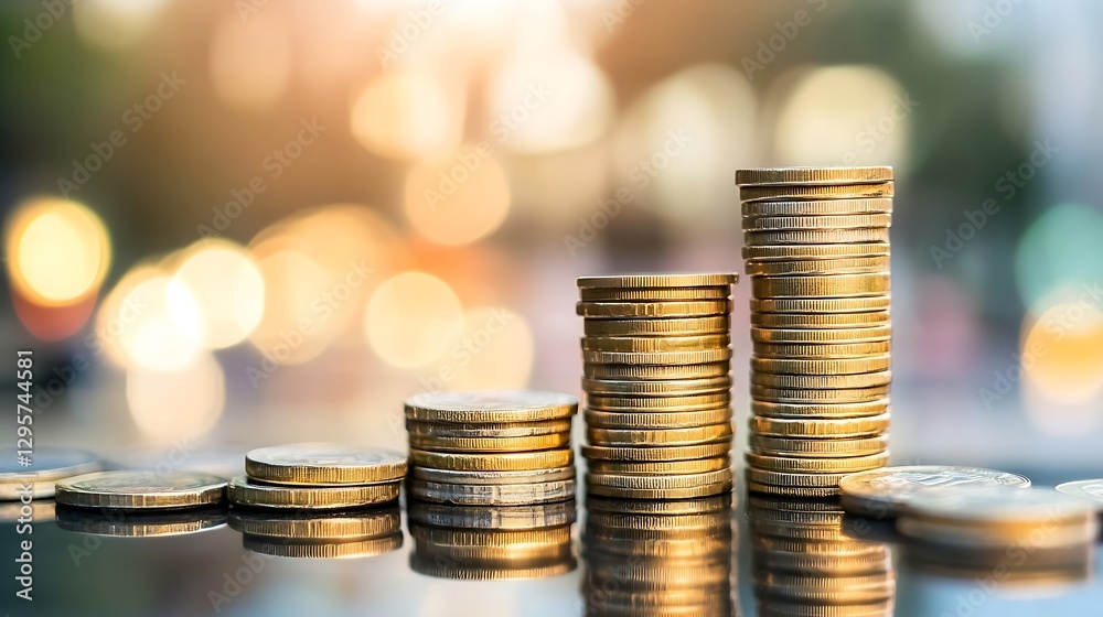Poster Stacks of Coins on Reflective Surface with Beautiful Bokeh Background : Generative AI