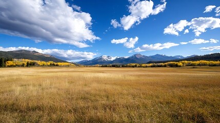Obraz premium Stunning Mountain Landscape with Autumn Colors and Open Field under a Blue Sky : Generative AI