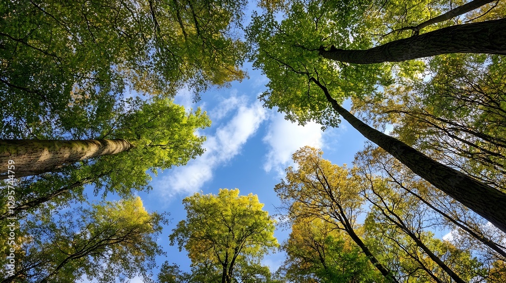 Poster autumn colors displayed in a serene forest with tall trees against a beautiful sky : generative ai