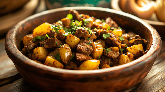 Traditional Kyrgyz Kuurdak stir-fry with lamb and potatoes
