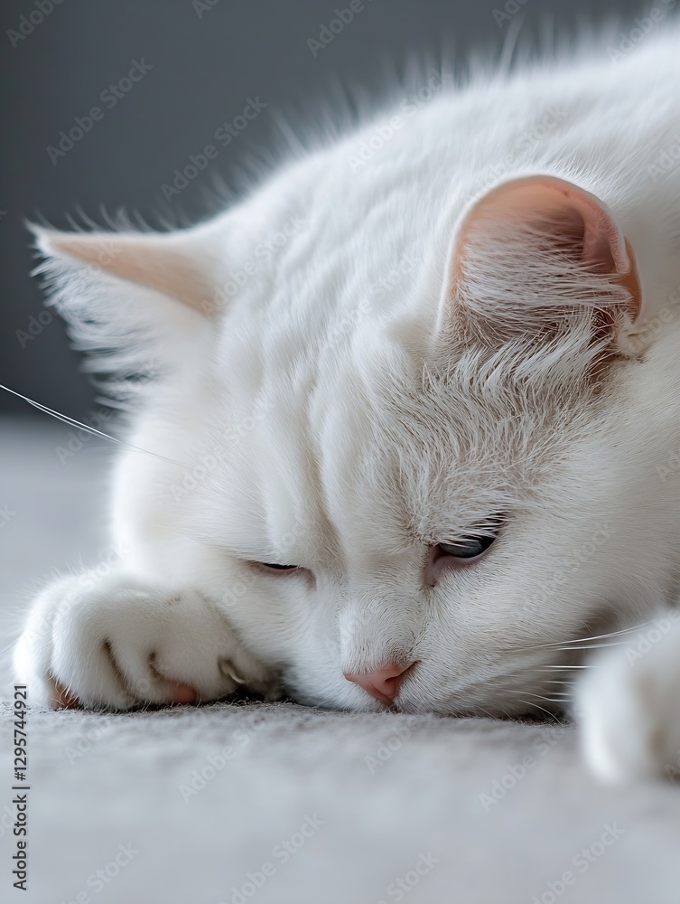 Poster closeup of a serene white cat resting peacefully on a soft surface : generative ai
