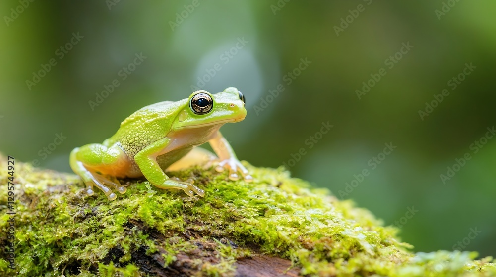 Poster Vibrant Green Tree Frog Resting on Lush Moss in a Rainforest Setting : Generative AI