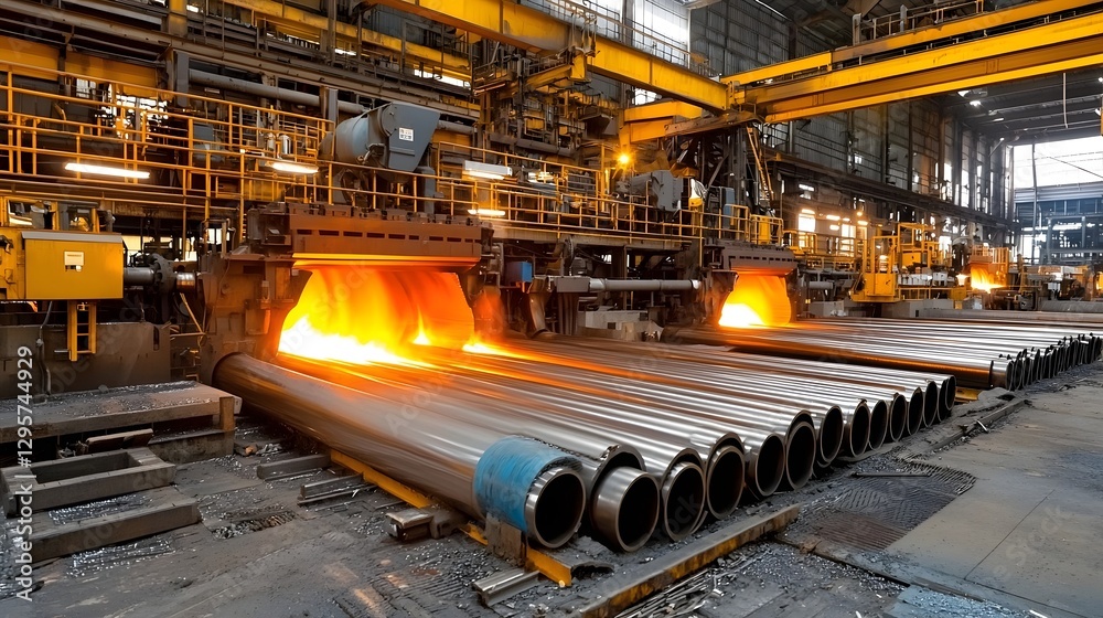 Poster molten metal being shaped by centrifugal force into hollow pipes within the intense heat and machine